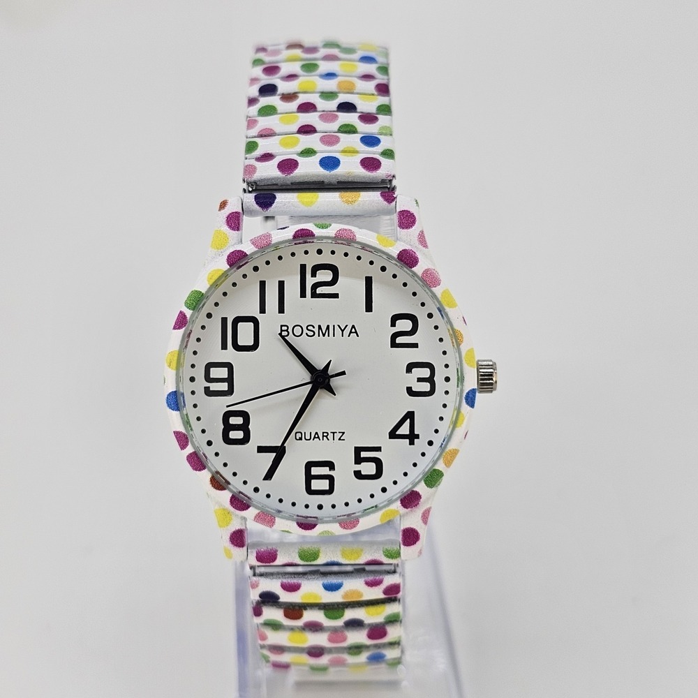 36MM Women's Watch White Dial Polka Multicolor Strech Band 6.5" New Battery